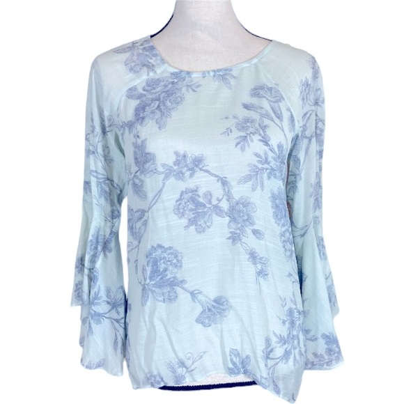 Lauren Conrad Floral Flutter Sleeve Top SeaFoam Green Women’s XL Split Back Boho - Picture 4 of 15